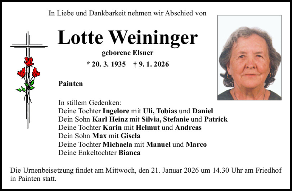  Traueranzeige für Lotte Weininger vom 17.01.2026 aus Mittelbayerische Zeitung Kelheim
