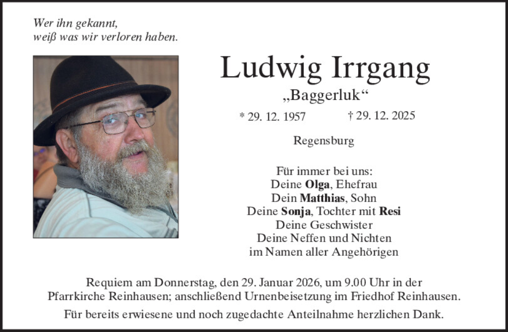  Traueranzeige für Ludwig Irrgang vom 24.01.2026 aus Mittelbayerische Zeitung Regensburg