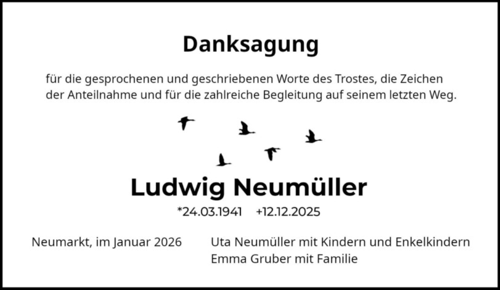 Traueranzeige für Ludwig Neumüller vom 10.01.2026 aus Neumarkter Tagblatt