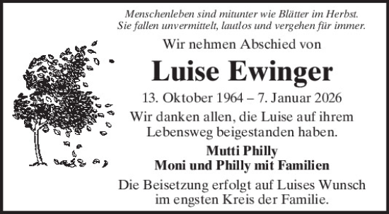 Traueranzeige von Luise Ewinger von Mittelbayerische Zeitung Regensburg