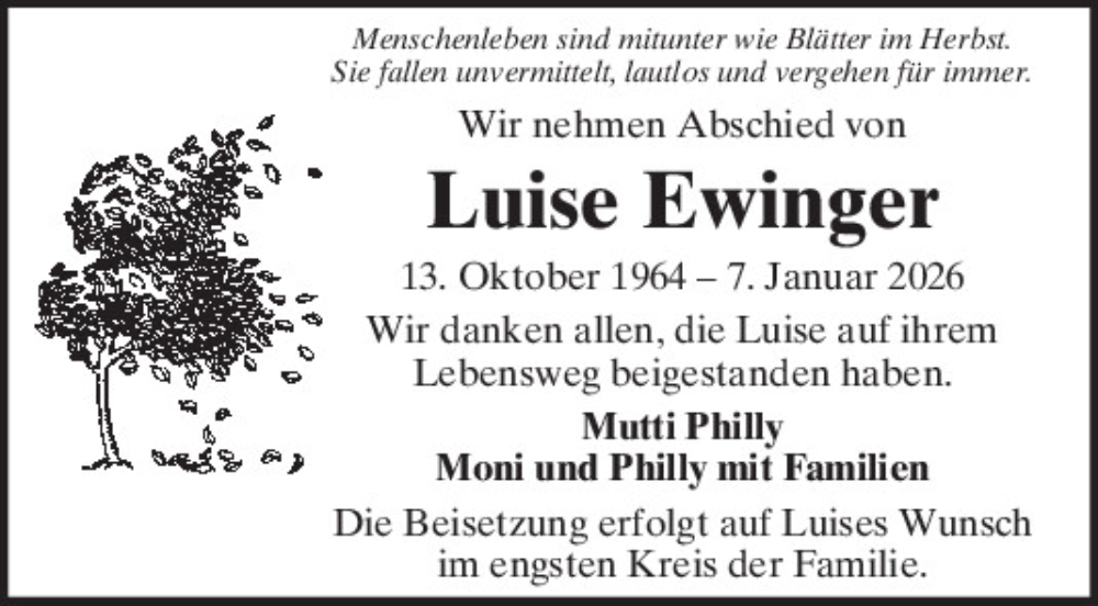  Traueranzeige für Luise Ewinger vom 14.01.2026 aus Mittelbayerische Zeitung Regensburg