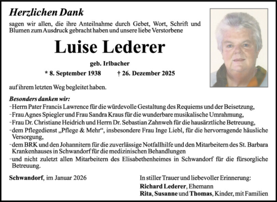 Traueranzeige von Luise Lederer von Mittelbayerische Zeitung Schwandorf