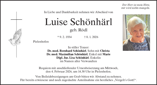 Traueranzeige von Luise Schönhärl von Mittelbayerische Zeitung Regensburg