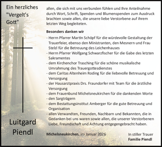 Traueranzeige von Luitgard Piendl von Bayerwald Echo