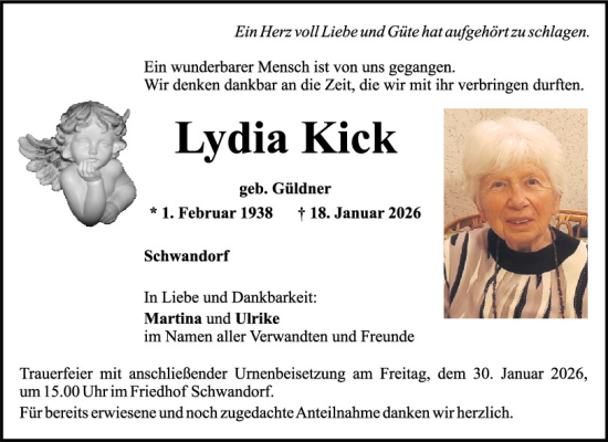 Traueranzeige von Lydia Kick von Mittelbayerische Zeitung Schwandorf