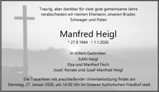 Traueranzeige von Manfred Heigl von Mittelbayerische Zeitung Regensburg
