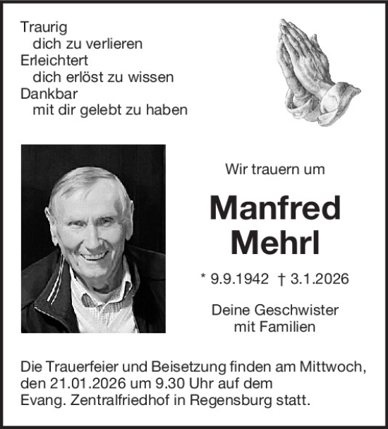 Traueranzeige von Manfred Mehrl von Mittelbayerische Zeitung Regensburg