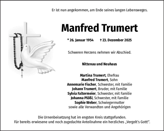 Traueranzeige von Manfred Trumert von Mittelbayerische Zeitung Regensburg, Mittelbayerische Zeitung Schwandorf