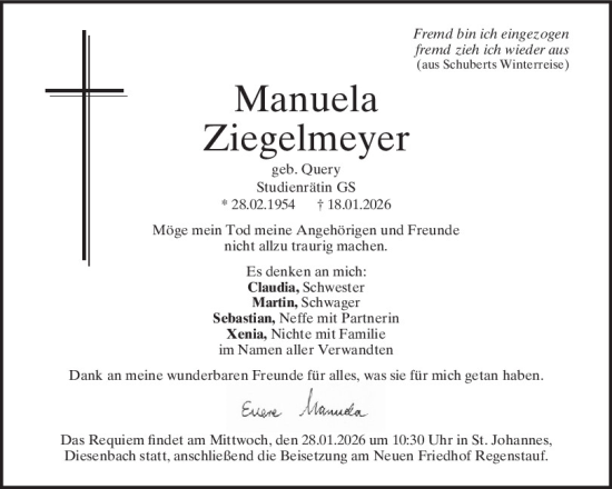 Traueranzeige von Manuela Ziegelmeyer von Mittelbayerische Zeitung Regensburg