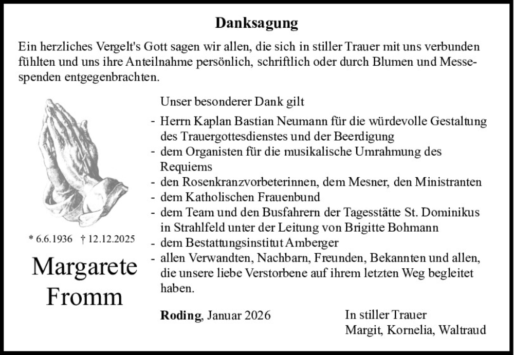  Traueranzeige für Margarete Fromm vom 10.01.2026 aus Bayerwald Echo