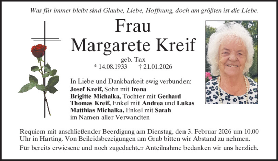 Traueranzeige von Margarete Kreif von Mittelbayerische Zeitung Regensburg