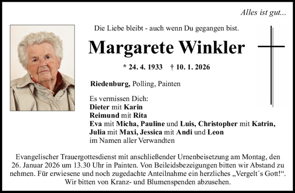  Traueranzeige für Margarete Winkler vom 22.01.2026 aus Mittelbayerische Zeitung Kelheim