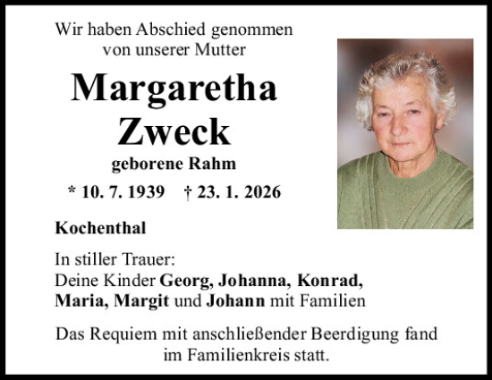 Traueranzeige von Margaretha Zweck von Mittelbayerische Zeitung Regensburg