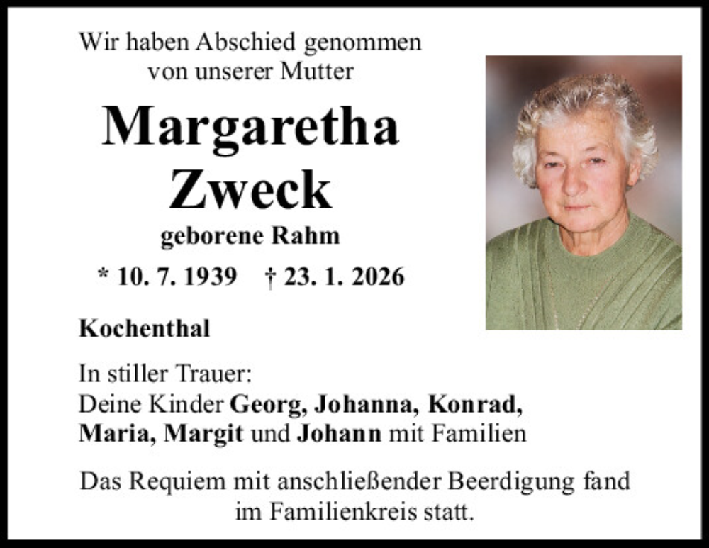  Traueranzeige für Margaretha Zweck vom 30.01.2026 aus Mittelbayerische Zeitung Regensburg