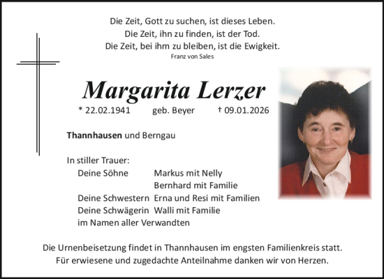 Traueranzeige von Margarita Lerzer von Neumarkter Tagblatt