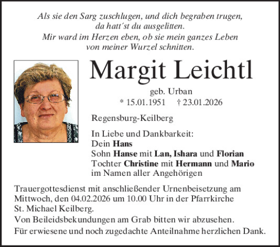 Traueranzeige von Margit Leichtl von Mittelbayerische Zeitung Regensburg