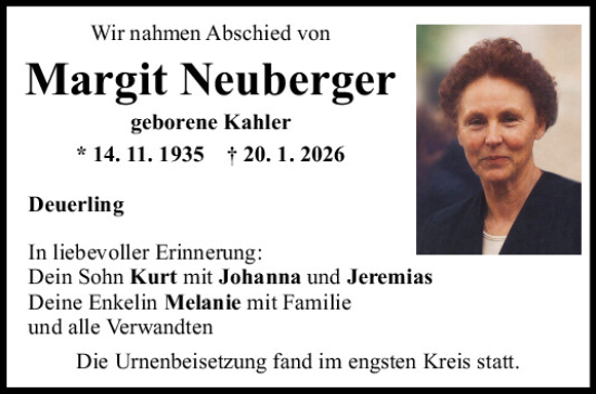 Traueranzeige von Margit Neuberger von Mittelbayerische Zeitung Regensburg