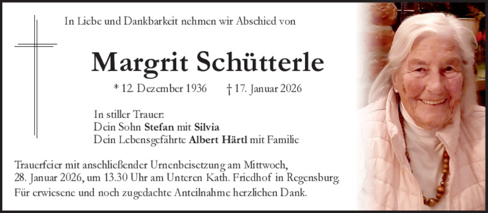  Traueranzeige für Margrit Schütterle vom 24.01.2026 aus Mittelbayerische Zeitung Regensburg