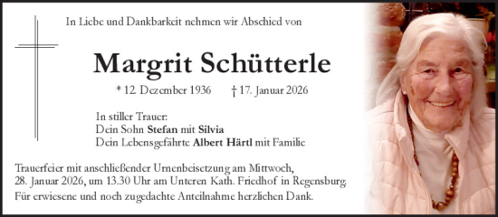 Traueranzeige von Margrit Schütterle von Mittelbayerische Zeitung Regensburg