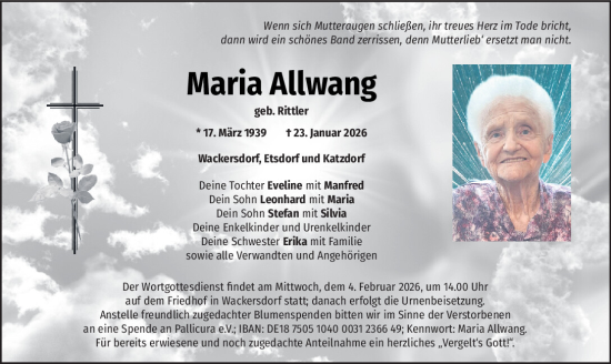 Traueranzeige von Maria Allwang von Mittelbayerische Zeitung Schwandorf