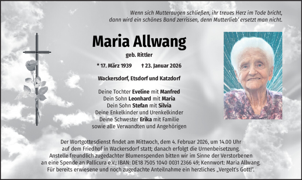  Traueranzeige für Maria Allwang vom 31.01.2026 aus Mittelbayerische Zeitung Schwandorf