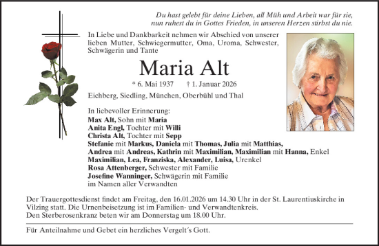 Traueranzeige von Maria Alt von Bayerwald Echo