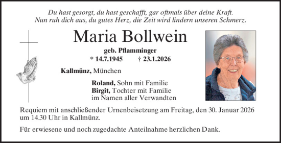 Traueranzeige von Maria Bollwein von Mittelbayerische Zeitung Regensburg