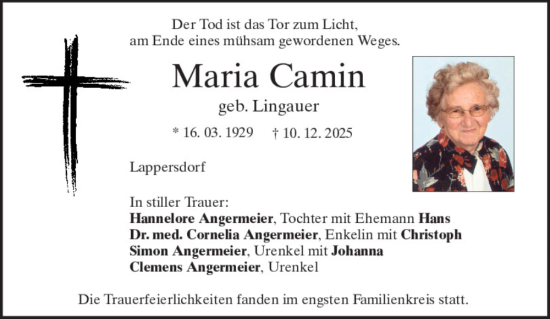 Traueranzeige von Maria Camin von Mittelbayerische Zeitung Regensburg