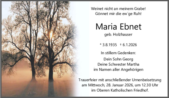 Traueranzeige von Maria Ebnet von Mittelbayerische Zeitung Regensburg