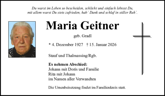 Traueranzeige von Maria Geitner von Neumarkter Tagblatt