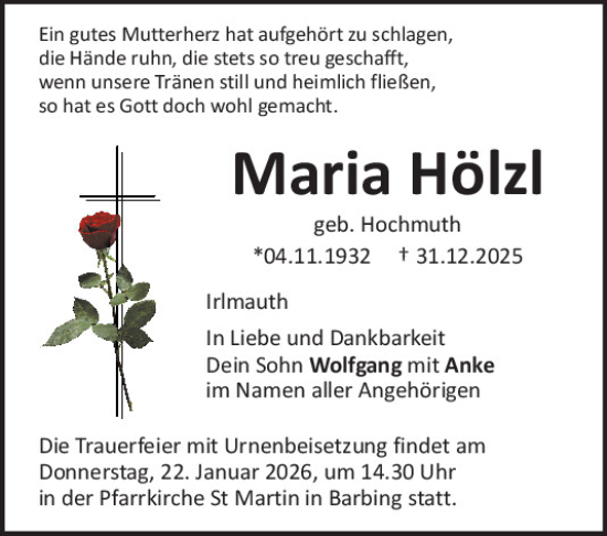 Traueranzeige von Maria Hölzl von Mittelbayerische Zeitung Regensburg