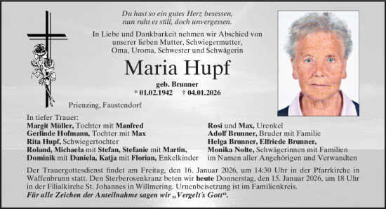 Traueranzeige von Maria Hupf von Bayerwald Echo