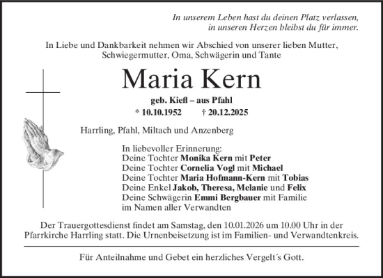 Traueranzeige von Maria Kern von Bayerwald Echo