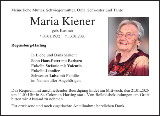 Traueranzeige von Maria Kiener von Mittelbayerische Zeitung Regensburg