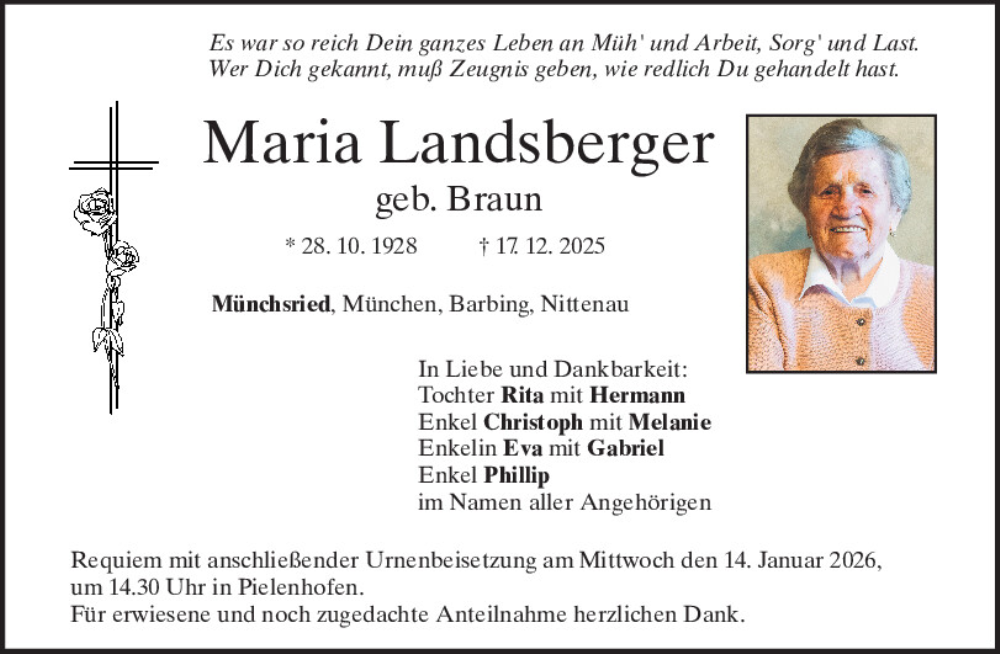  Traueranzeige für Maria Landsberger vom 10.01.2026 aus Mittelbayerische Zeitung Regensburg