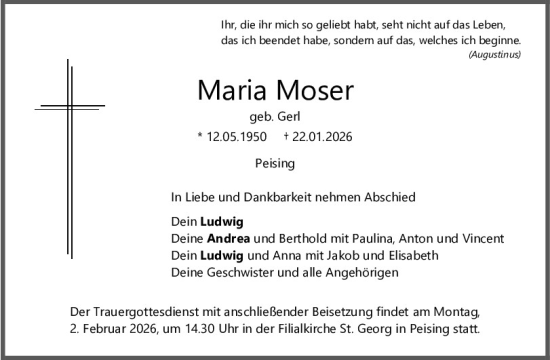 Traueranzeige von Maria Moser von Mittelbayerische Zeitung Kelheim