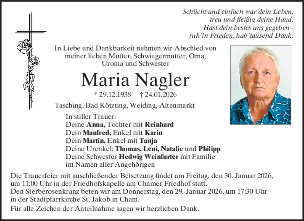  Traueranzeige für Maria Nagler vom 28.01.2026 aus Bayerwald Echo