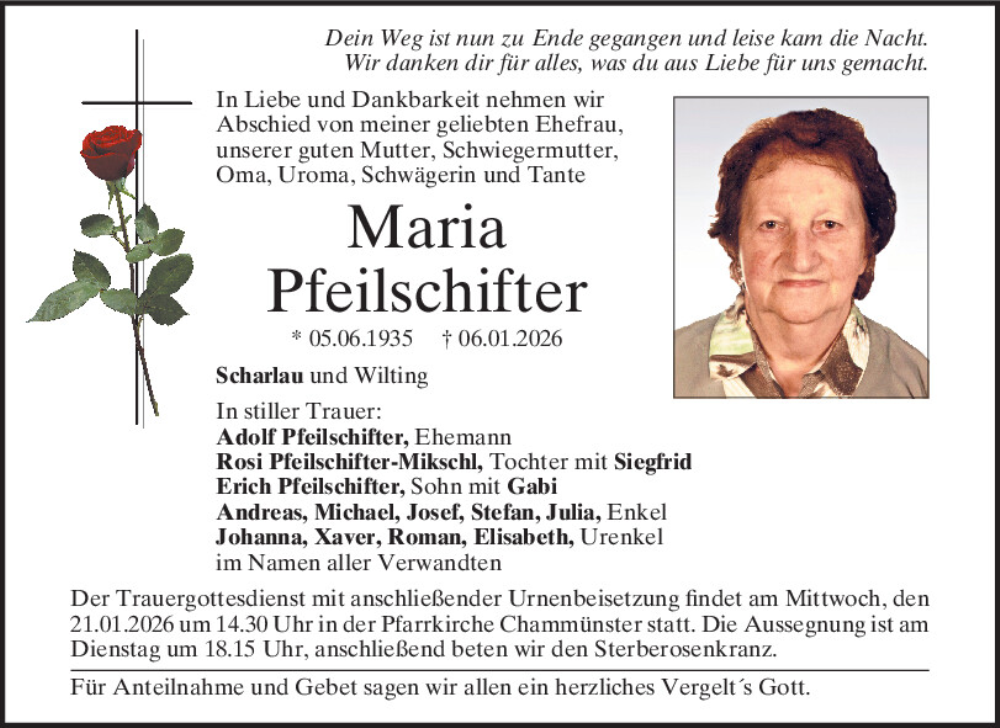  Traueranzeige für Maria Pfeilschifter vom 17.01.2026 aus Bayerwald Echo