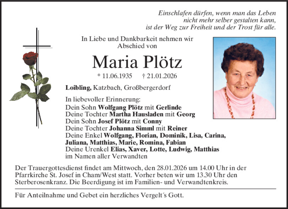  Traueranzeige für Maria Plötz vom 26.01.2026 aus Bayerwald Echo