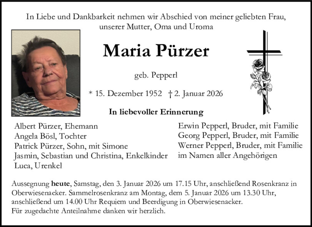  Traueranzeige für Maria Pürzer vom 03.01.2026 aus Neumarkter Tagblatt