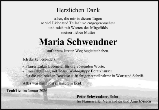 Traueranzeige von Maria Schwendner von Mittelbayerische Zeitung Schwandorf