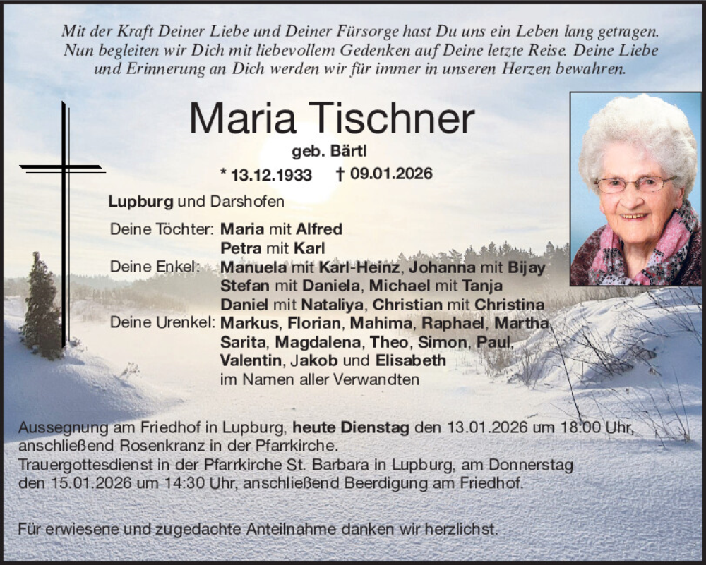  Traueranzeige für Maria Tischner vom 13.01.2026 aus Neumarkter Tagblatt