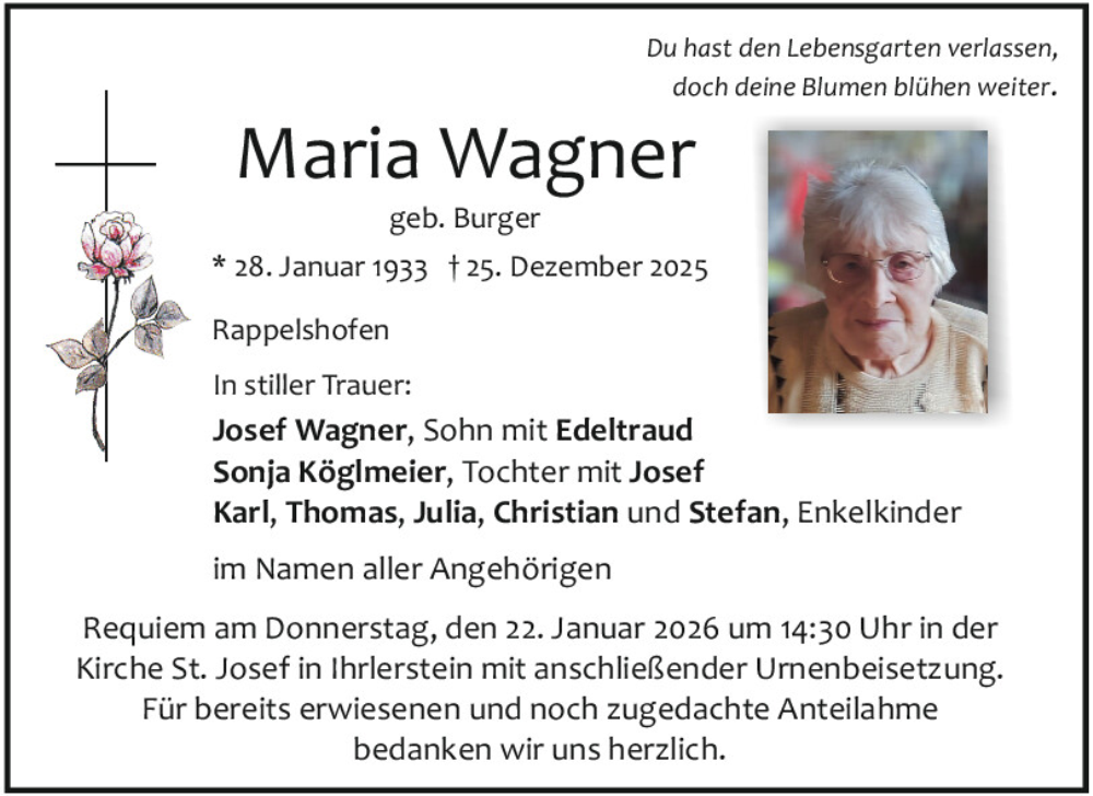  Traueranzeige für Maria Wagner vom 17.01.2026 aus Mittelbayerische Zeitung Kelheim