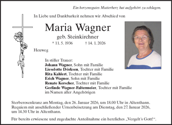 Traueranzeige von Maria Wagner von Mittelbayerische Zeitung Regensburg