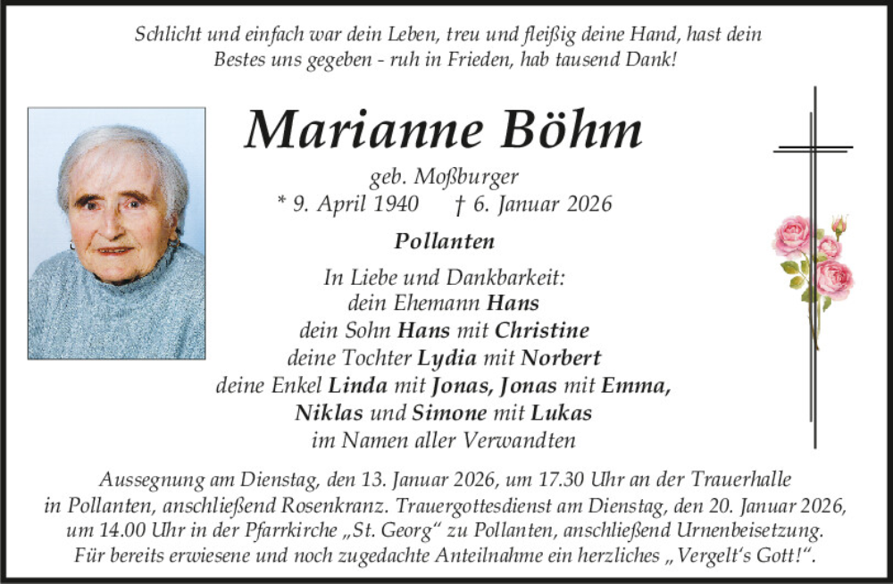  Traueranzeige für Marianne Böhm vom 12.01.2026 aus Neumarkter Tagblatt