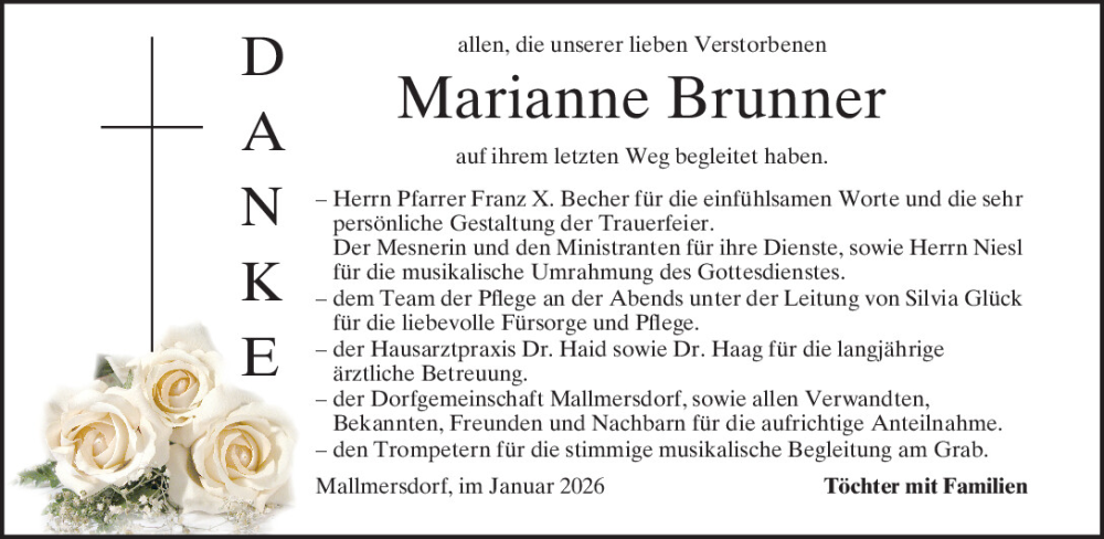  Traueranzeige für Marianne Brunner vom 17.01.2026 aus Mittelbayerische Zeitung Kelheim
