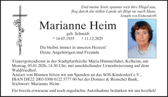 Traueranzeige von Marianne Heim von Mittelbayerische Zeitung Kelheim