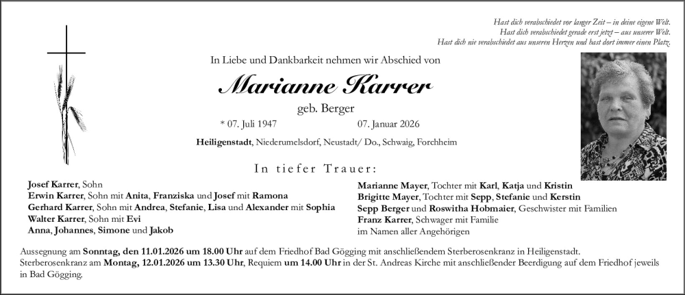  Traueranzeige für Marianne Karrer vom 10.01.2026 aus Mittelbayerische Zeitung Kelheim