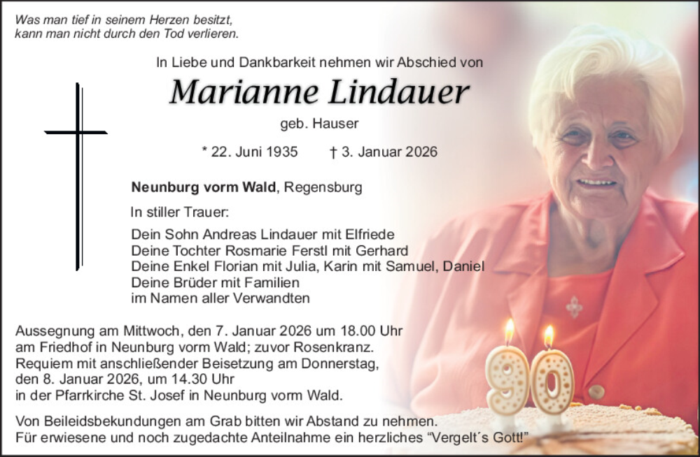  Traueranzeige für Marianne Lindauer vom 06.01.2026 aus Mittelbayerische Zeitung Schwandorf