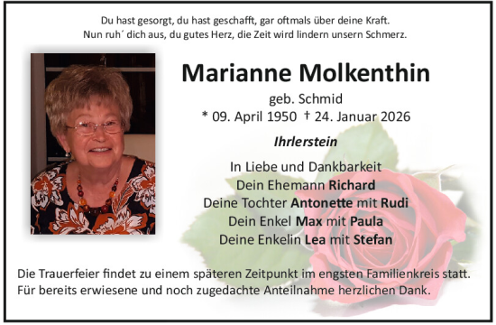 Traueranzeige von Marianne Molkenthin von Mittelbayerische Zeitung Kelheim